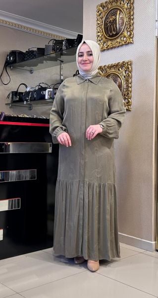 KENDİNDEN DESENLİ İPEK CUPRA ELBİSE/NUSS