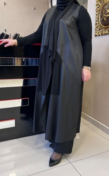 SUNİ DERİ KABARTMA DESEN ŞAL YAKA YELEK / NURCAN ÇETİN