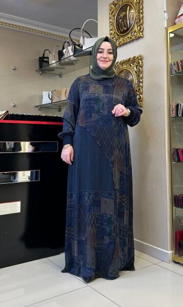 KENDİNDEN DESENLİ İPEK CUPRA ELBİSE /DEFRİNA