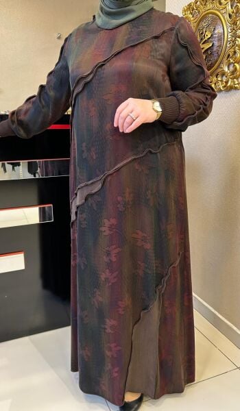 KENDİNDEN DESENLİ RENK GEÇİŞLİ CUPRA ELBİSE /DEFRİNA