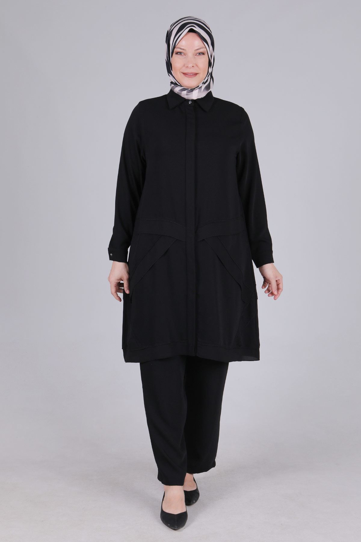 Büyük Beden Tesettür Patchwork Detaylı Pantolonlu Takım