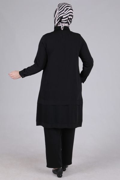 Büyük Beden Tesettür Patchwork Detaylı Pantolonlu Takım