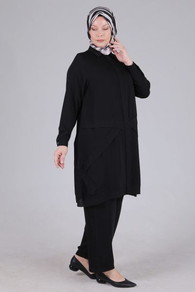 Büyük Beden Tesettür Patchwork Detaylı Pantolonlu Takım