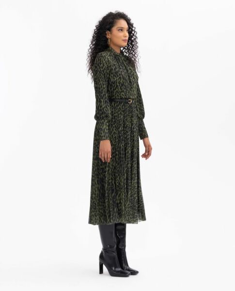 LEOPAR DESEN KEMERLİ ELASTİK BEL ELBİSE