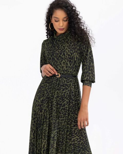 LEOPAR DESEN KEMERLİ ELASTİK BEL ELBİSE