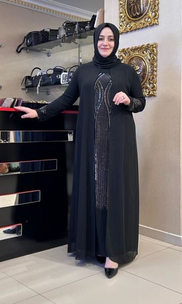 ÜZERİ TÜL DTY. TAŞ İŞLEMELİ ELBİSE/ BELGİN