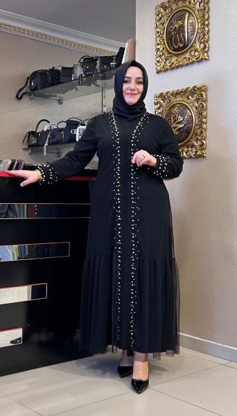 ﻿ÜZERİ İNCİ İŞLEMELİ ABAYA TAKIM/BELGİN