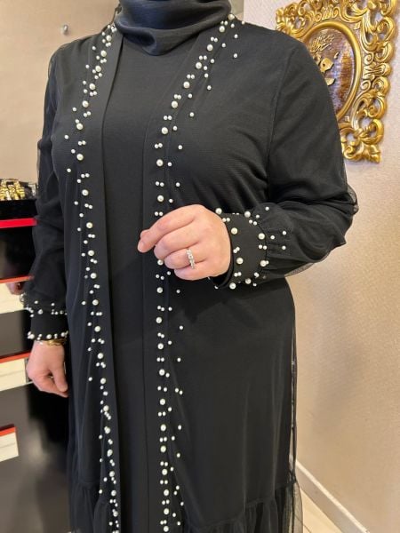 ÜZERİ İNCİ İŞLEMELİ ABAYA TAKIM/BELGİN
