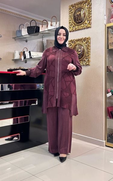 KENDİNDEN DESENLİ İPEK CUPRA PANTOLONLU TAKIM/MÜSEMMA