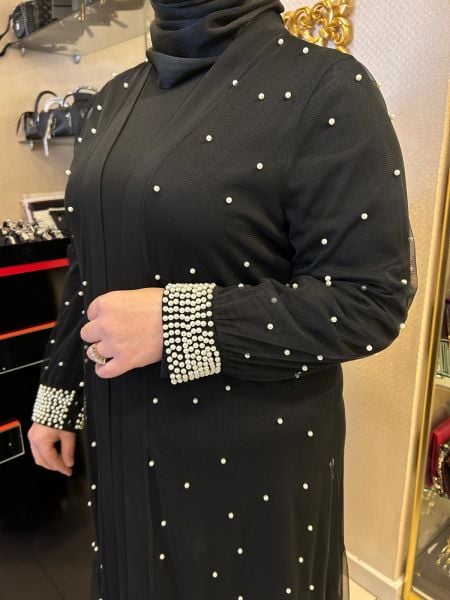 ÜZERİ VE BİLEKLERİ İNCİ İŞLEMELİ ABAYA TAKIM/BELGİN