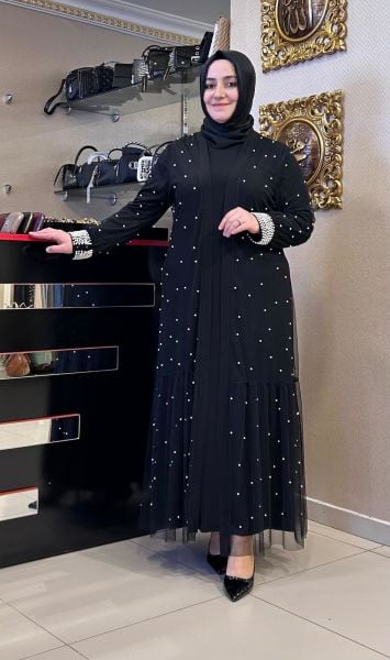 ÜZERİ VE BİLEKLERİ İNCİ İŞLEMELİ ABAYA TAKIM/BELGİN