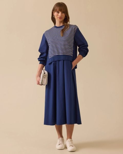 ÇİFT KUMAŞLI ÇİZGİ DETAYLI CEPLİ ELBİSE/SEÇİL