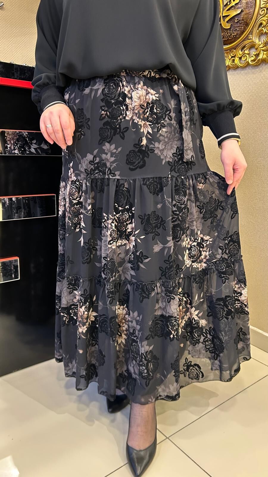 FLOK BASKILI PARÇALI ŞİFON ETEK /GLARE