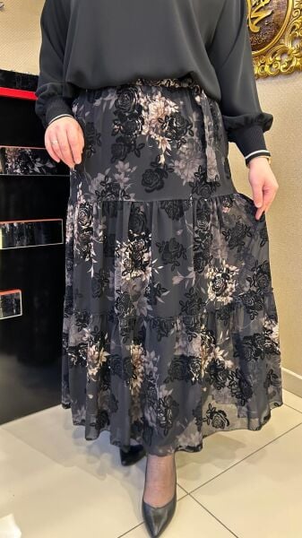 FLOK BASKILI PARÇALI ŞİFON ETEK /GLARE