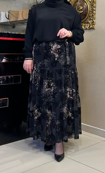 FLOK BASKILI PARÇALI ŞİFON ETEK /GLARE