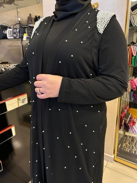 OMUZLARI İNCİ İŞLEMELİ YELEKLİ ABAYA TAKIM/BELGİN