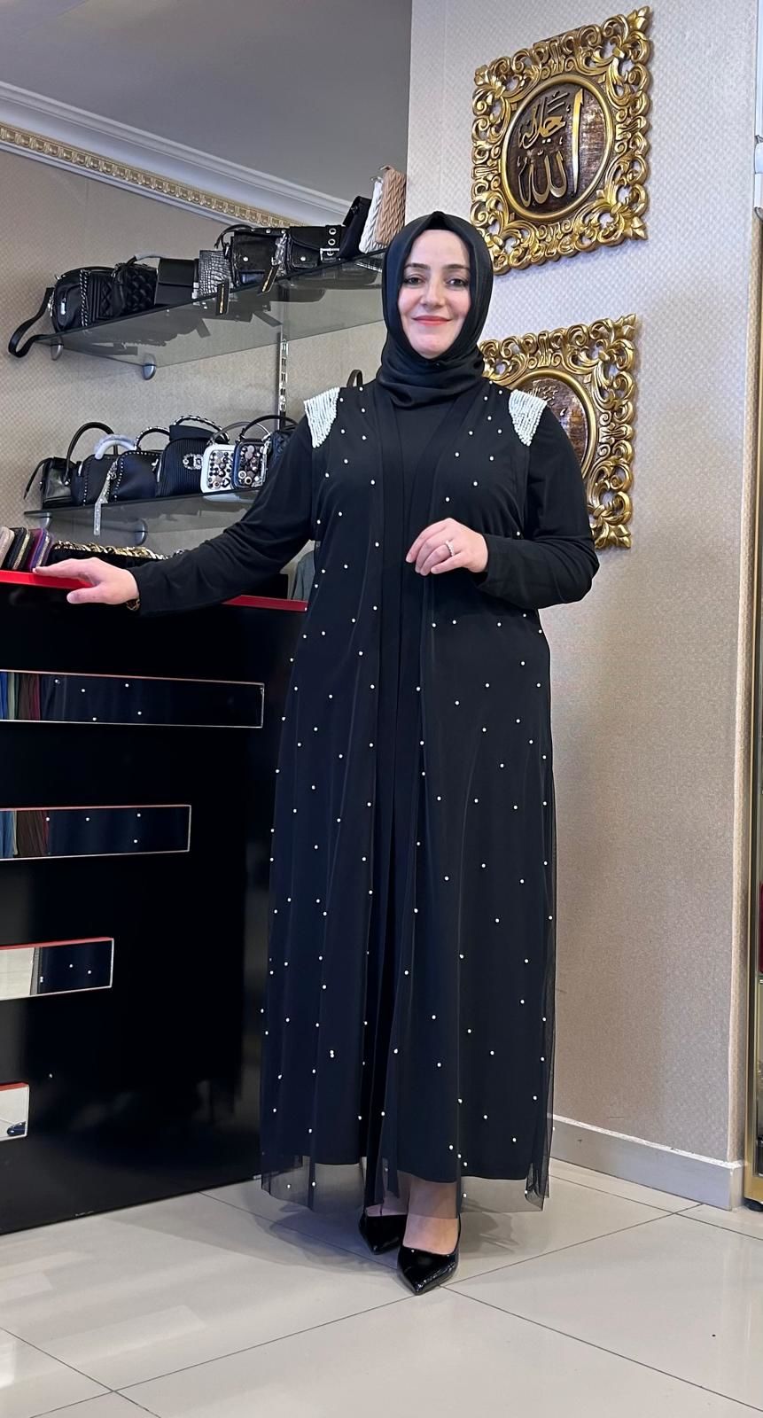 OMUZLARI İNCİ İŞLEMELİ YELEKLİ ABAYA TAKIM/BELGİN