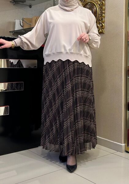 KEMERLİ EKOSE BASKILI ŞİFON PİLİSE ETEK /GLARE