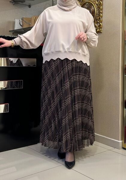 KEMERLİ EKOSE BASKILI ŞİFON PİLİSE ETEK /GLARE