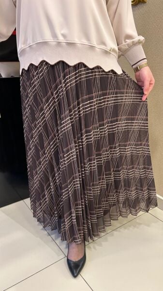 KEMERLİ EKOSE BASKILI ŞİFON PİLİSE ETEK /GLARE