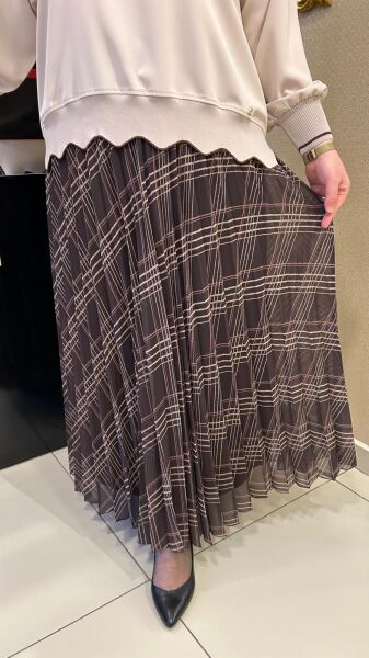 KEMERLİ EKOSE BASKILI ŞİFON PİLİSE ETEK /GLARE