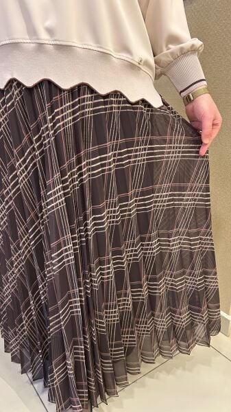 KEMERLİ EKOSE BASKILI ŞİFON PİLİSE ETEK /GLARE