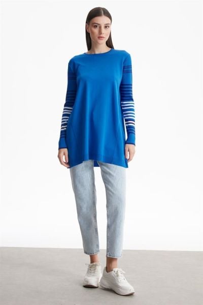 KOLLARI ÇİZGİLİ BASİC RAYON TRİKO TUNİK MAVİ/ TIĞTRİKO