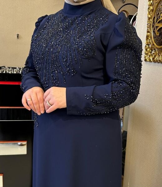 TAŞ İŞLEMELİ KARPUZ KOLLU KREP ABİYE ELBİSE/ TASVİR