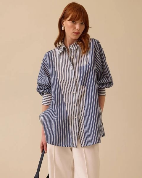 ÇİZGİLİ CEP DETAYLI DÜĞMELİ GÖMLEK/SEÇİL