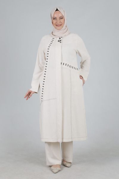 Büyük Beden Tesettür Nakışlı Keten Pantolonlu Takım/ Behrem