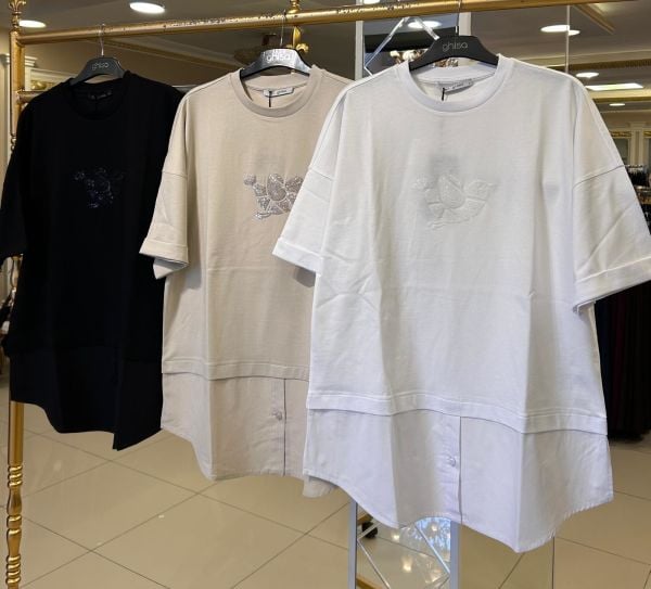 POPLİN KUMAŞ DTY. PUL İŞLEMELİ TİŞÖRT-İÇLİK /GHISA