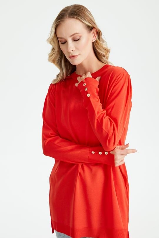 KOLLARI BÜZGÜLÜ DÜĞME DETAYLI RAYON TUNİK NARÇİÇEĞİ