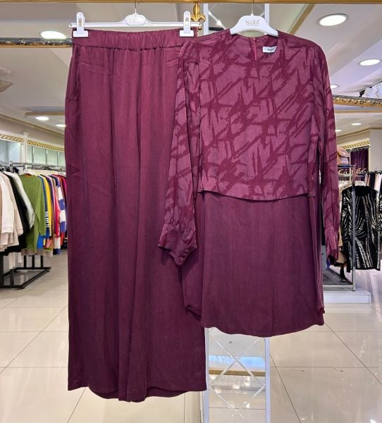 KENDİNDEN DESENLİ İPEK CUPRA PANTOLONLU TAKIM /NUSS