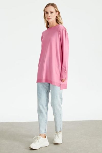 KOLLARI BÜZGÜLÜ DÜĞME DETAYLI RAYON TUNİK PEMBE