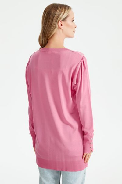 KOLLARI BÜZGÜLÜ DÜĞME DETAYLI RAYON TUNİK PEMBE