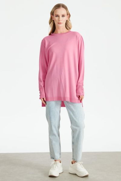 KOLLARI BÜZGÜLÜ DÜĞME DETAYLI RAYON TUNİK PEMBE