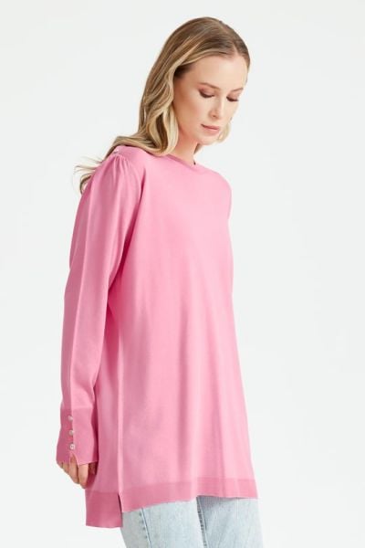 KOLLARI BÜZGÜLÜ DÜĞME DETAYLI RAYON TUNİK PEMBE