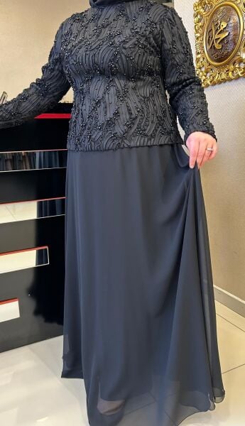 ÜZERİ KABARTMA DESEN BONCUK DTY. ABİYE ELBİSE /TASVİR