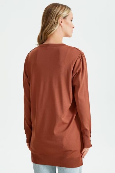 KOLLARI BÜZGÜLÜ DÜĞME DETAYLI RAYON TUNİK KAHVE