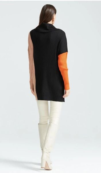 Colorblock Yüksek Degaje Yaka Triko Tunik SİYAH