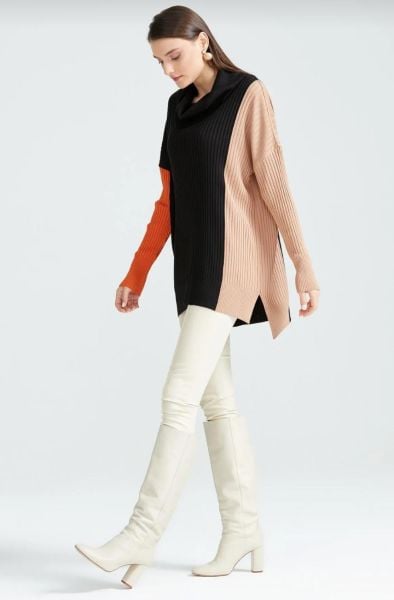 Colorblock Yüksek Degaje Yaka Triko Tunik SİYAH