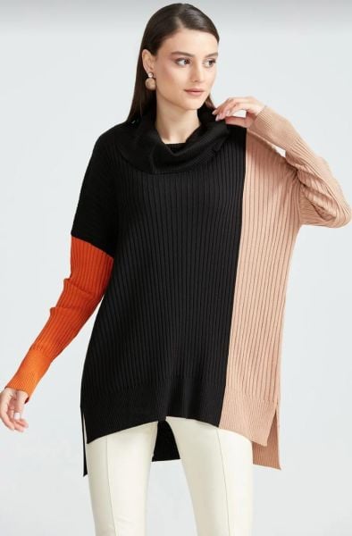 Colorblock Yüksek Degaje Yaka Triko Tunik SİYAH