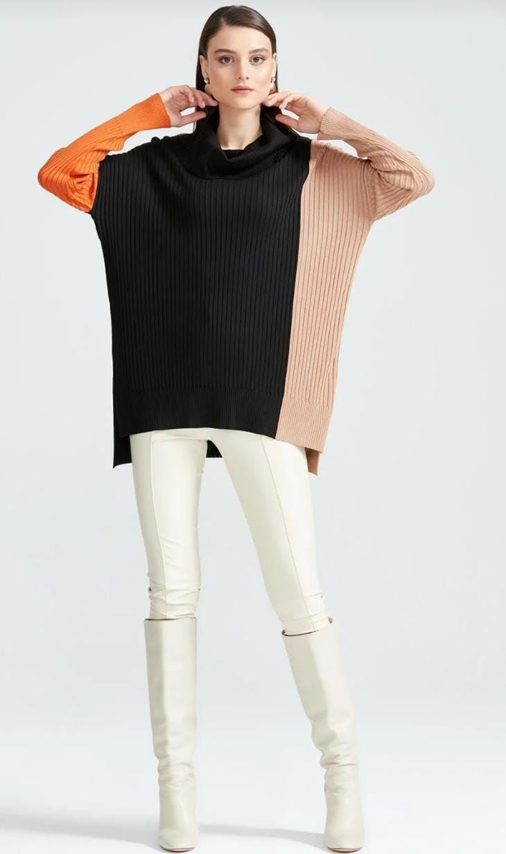 Colorblock Yüksek Degaje Yaka Triko Tunik SİYAH