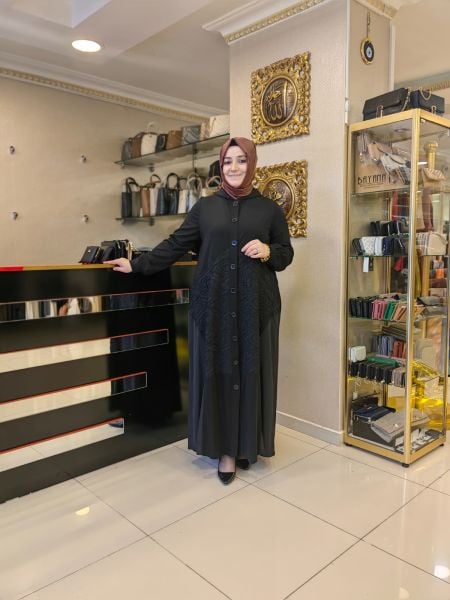 NURCAN ÇETİN/ÖNDEN DÜĞMELİ PARAŞÜT KUMAŞ DETAYLI FERACE