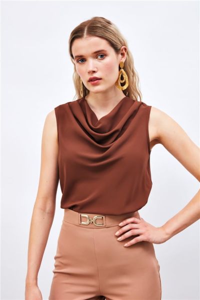 Degaje Yaka Kolsuz Bluz -KAHVE