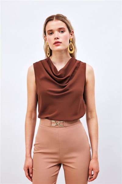 Degaje Yaka Kolsuz Bluz -KAHVE