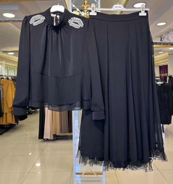 NAVİ TAŞ İŞLEMELİ ŞİFON TAKIM/ THREE LIGHT